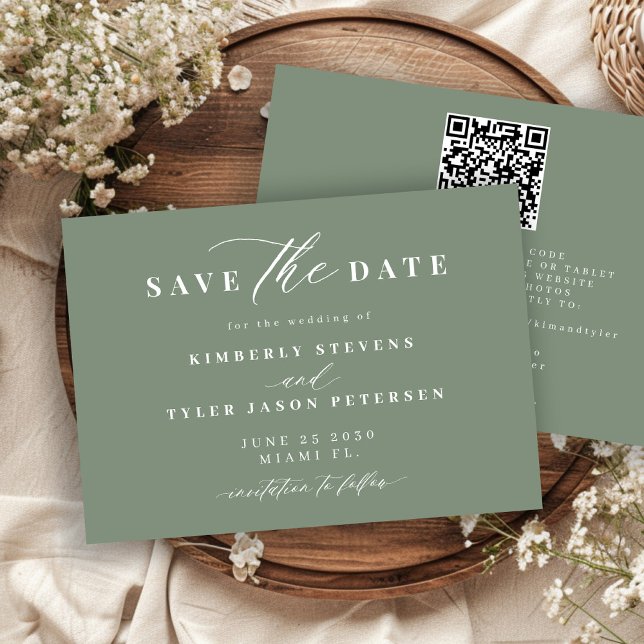 Reserve A Data Código QR verde sálvia simples elegante casamento  (Criador carregado)