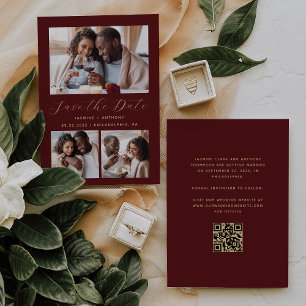 Reserve A Data Colagem de 3 Fotos Minimalista Código QR Burgundy