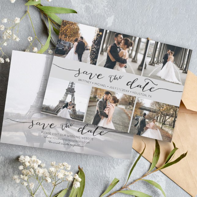 Reserve A Data Colagem de Fotografias com Letra Mão Guardar a Cin (Modern Save the Date card featuring 6 photos and a hand lettered font for a minimalistic design.)