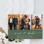 Reserve A Data Colagem de Fotografias com Letra Moderna - Escuro<br><div class="desc">Escolha as melhores fotos de sua filmagem de noivado ou suas fotos favoritas de vocês dois para salvar a data perfeita. As palavras salvar a data são manuscritas para dar uma sensação pessoal ao cartão. A frente tem 3 imagens e a parte traseira tem uma grande imagem com um filtro...</div>