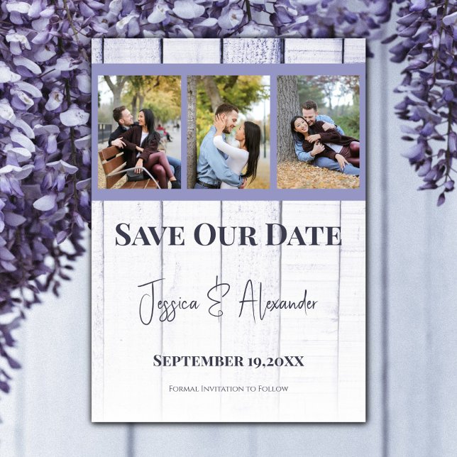 Reserve A Data Colagem de Fotos de Madeira Lavanda para Salvar a  (Lavender Wooden Photo Collage Save the Date)