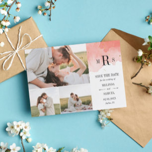 Reserve A Data Colagem de Fotos de Monograma de Coral Watercolor