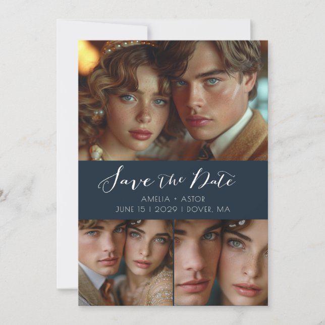 Reserve A Data Colagem de Fotos de Script Moderno Dusty Blue (Frente)