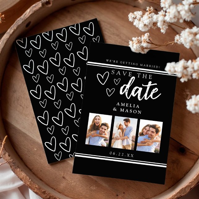 Reserve A Data Colagem de Fotos Moderna em Preto e Branco Save th (Black and White Modern Photo Collage Save the Date)