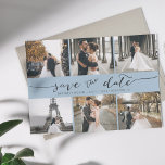 Reserve A Data Colagem de Fotos Moderna Salva a Data Azul<br><div class="desc">Escolha as melhores fotos de sua filmagem de noivado ou suas fotos favoritas de vocês dois para salvar a data perfeita. As palavras salvar a data são manuscritas para dar uma sensação pessoal ao cartão. A frente tem 6 imagens e a parte traseira tem uma grande imagem com um filtro...</div>