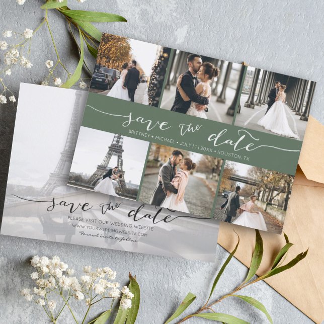 Reserve A Data Colagem de Fotos Moderna Salva a Data Escuro (Modern Save the Date card featuring 6 photos and a hand lettered font for a minimalistic design.)