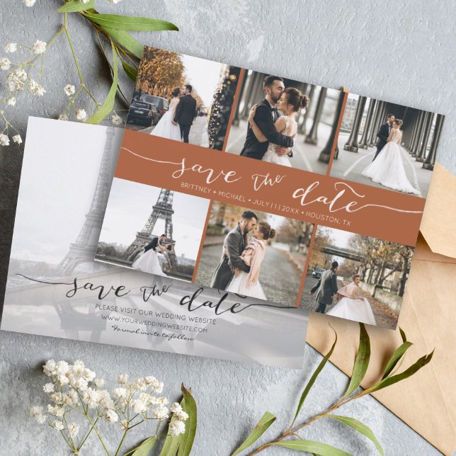 Reserve A Data Colagem de Fotos Moderna Salva a Data Terracotta (Modern Save the Date card featuring 6 photos and a hand lettered font for a minimalistic design.)