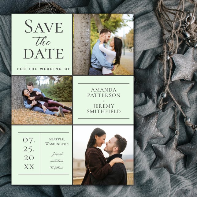 Reserve A Data Colagem de Fotos Moderna Três | Mint Green (Mint Green Modern Three Photo Collage Save the Date)
