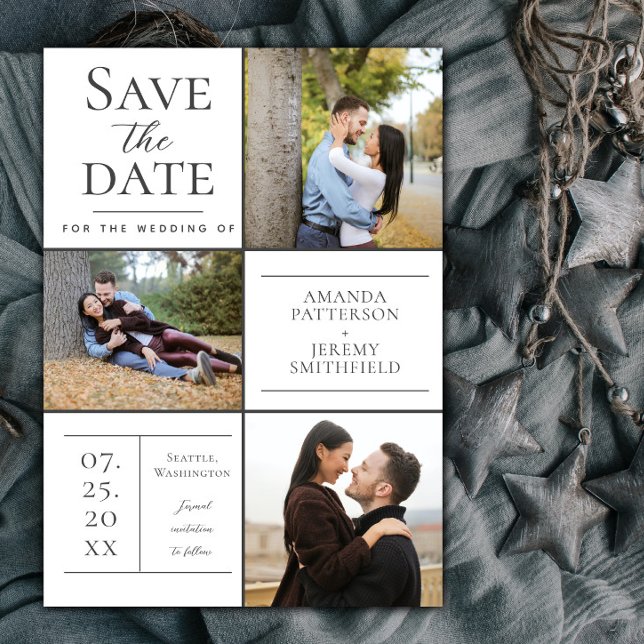 Reserve A Data Colagem de Fotos Moderna Três | White Save the Dat (White Modern Three Photo Collage Save the Date)