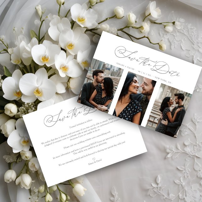 Reserve A Data Colagem de Fotos Românticas Envolvidas (Engaged Chic Romantic Wedding 3 Photos Collage Save the Date with Envelope. )