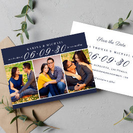 Reserve A Data Colagem de Três Fotos Casamento Azul Meia-Noite