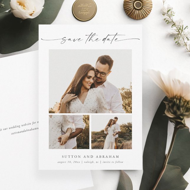Reserve A Data Colagem Moderna e Elegante de 3 Fotos em Script (Am elegant minimalist 3 photo wedding save the date with modern handwritten script typography.)