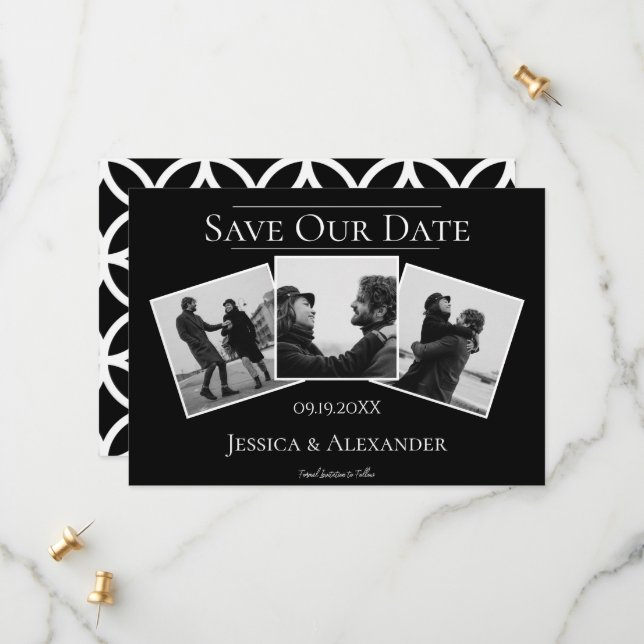Reserve A Data Colagem Simples de 3 Fotos | Preto Save The Date (Frente/Verso In Situ)
