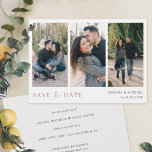 Reserve A Data Colar de Noiva Personalizado com Múltiplas Fotos S<br><div class="desc">Este modelo de cartão simples e elegante de aviso de data de casamento com três fotos apresenta suas fotos e 'SALVE a DATA' destacados em uma tonalidade elegante de rosa dourado e transmitidos com uma mistura marcante de duas fontes distintas, com 'e' em uma escrita leve e fluida entre as...</div>
