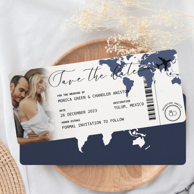Reserve A Data Colocar Marinho Azul Mapa de Embarque Foto Salvar  (Save the Date - Boarding Pass Navy Blue with Photo of a couple)