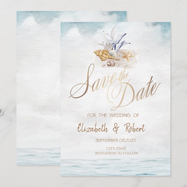 Reserve A Data Conchas em Aquarela, Praia do Mar Salva a Data (Frente/Verso)