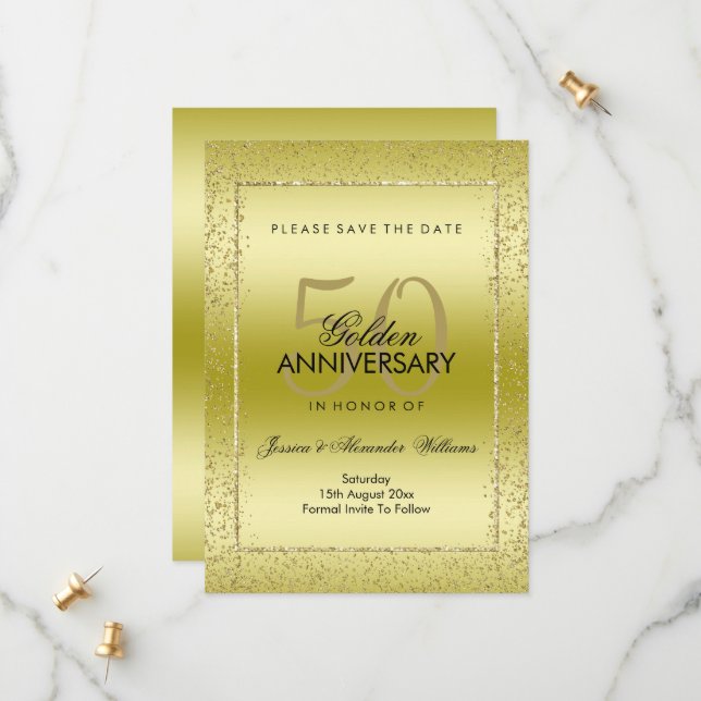 Reserve A Data Confete Dourado Elegante Bodas de 50 Anos  (Frente/Verso In Situ)