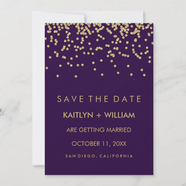Reserve A Data Confete Dourado Glam e Roxo Fundo Save the Date (Frente)