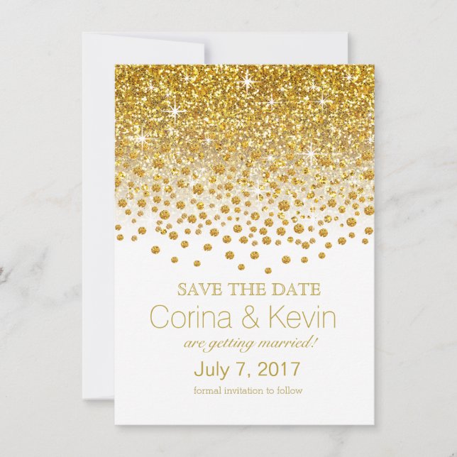 Reserve A Data Confetes Brilhantes Chuva Save the Date dourado br (Frente)