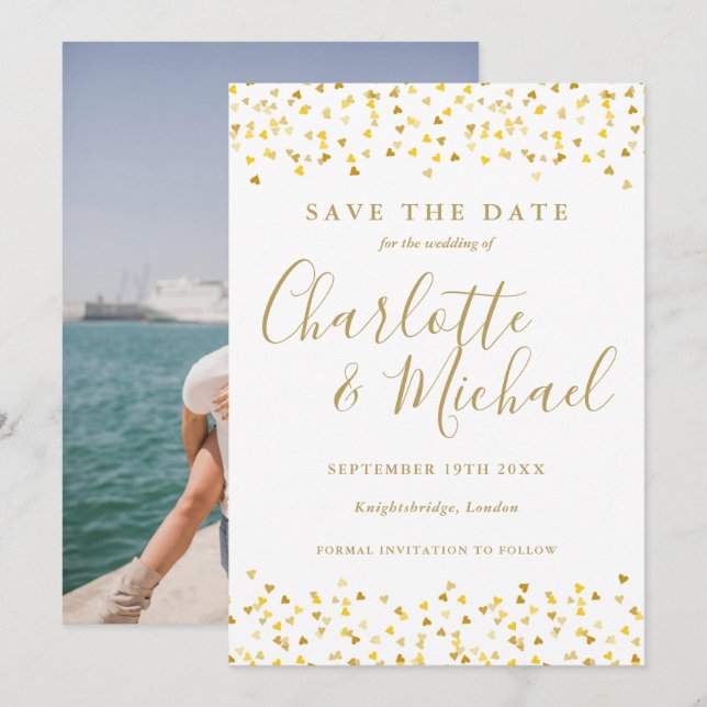 Reserve A Data Confeti de Corações de Ouro Script Foto Casamento (Frente/Verso)
