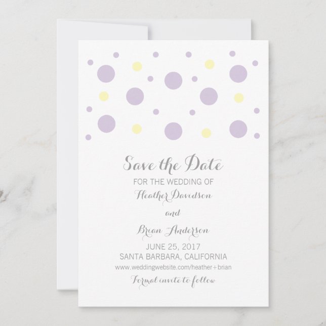 Reserve A Data Confetti Amarelo Roxo Guardar Convidado de Data (Frente)