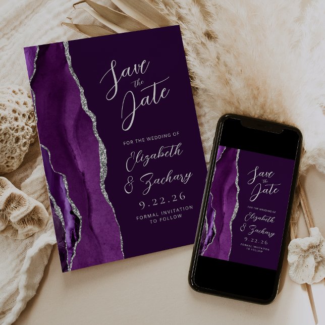 Reserve A Data Conjunto de Noiva Roxo Ágata Prata Ameixa Script (Criador carregado)