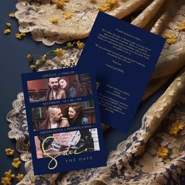 Reserve A Data Cool Navy Golden Romantic Wedding 3 Multi Photos (Cool Navy Blue Faux Golden Romantic Wedding Save the Date Card.)