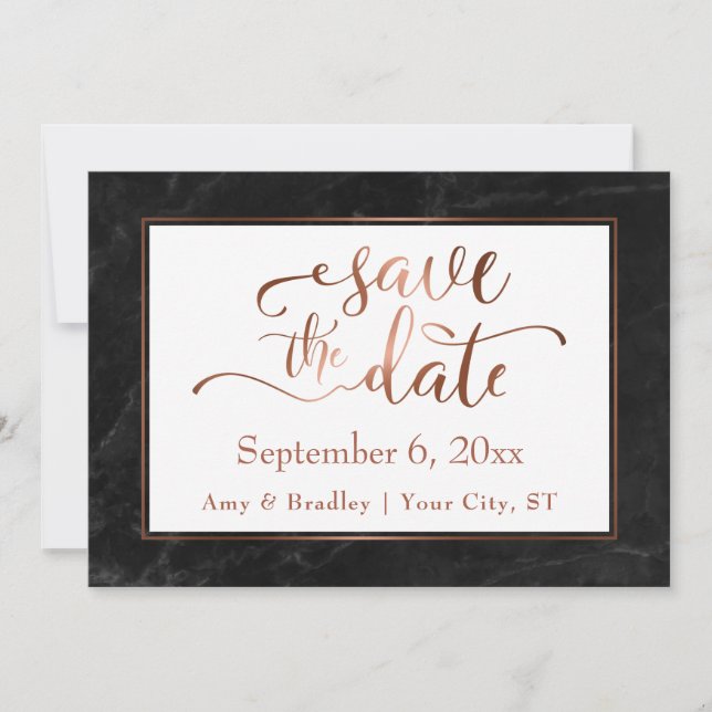Reserve A Data Copper Script & Black Marble Casamento Salve a Dat (Frente)