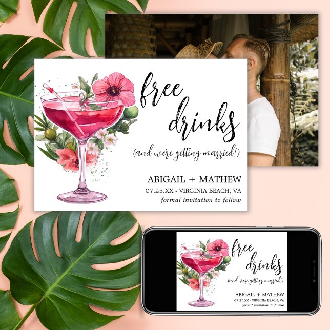 Reserve A Data Coquetel Rosa Engraçado Foto Moderna Tendência Cas (Funny Pink Cocktail Trendy Modern Photo Wedding Save The Date - Front, Back, Digital)