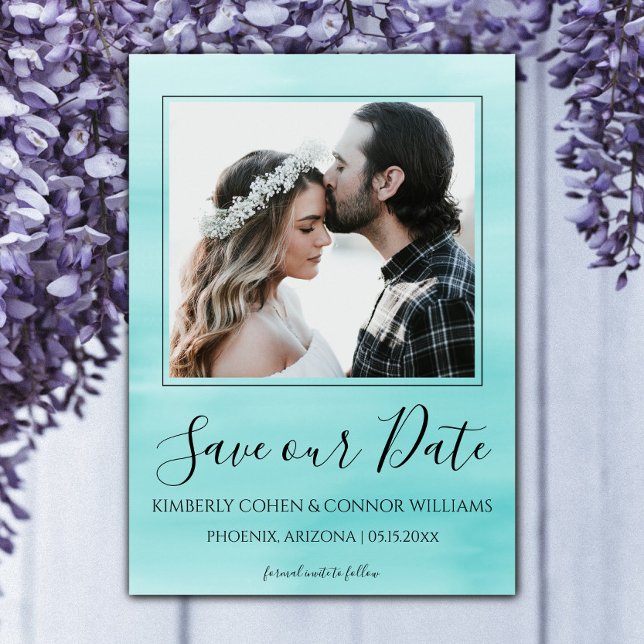 Reserve A Data Cor d'água da foto Salvar a data | Teal (Teal Watercolor Photo Save the Date)
