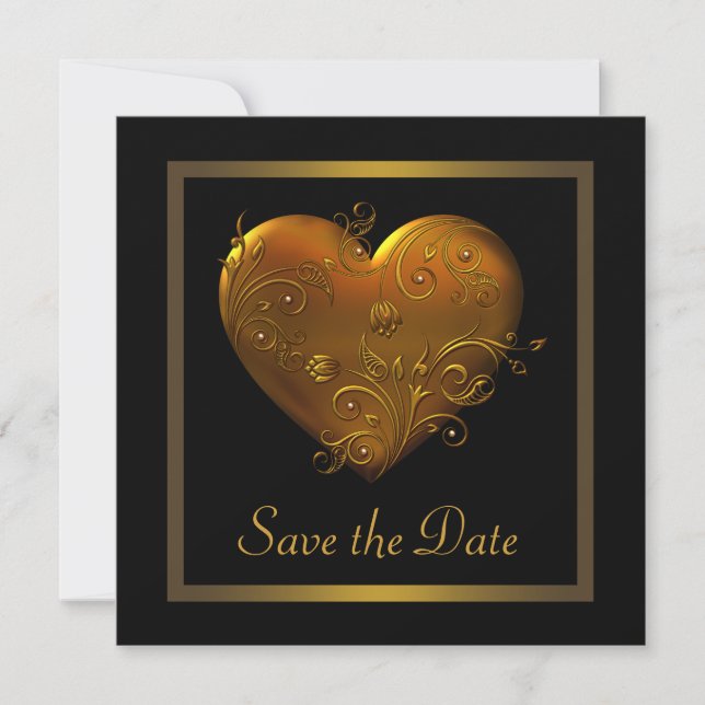 Reserve A Data Coração Gótico Casamento Preto Dourado Salvar Data (Frente)