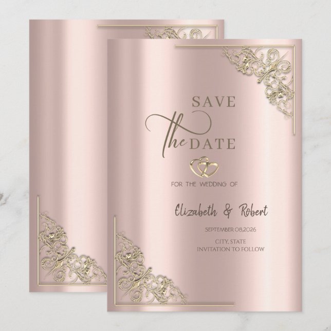 Reserve A Data Corações de Ouro Elegantes Rosa Dourado Casamento (Frente/Verso)