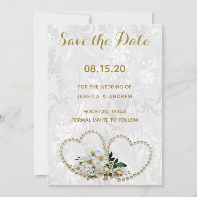 Reserve A Data Corações de Pérola e Flores Damask Casamento Salve (Frente)
