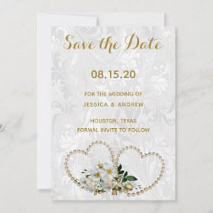 Reserve A Data Corações de Pérola e Flores Damask Casamento Save 