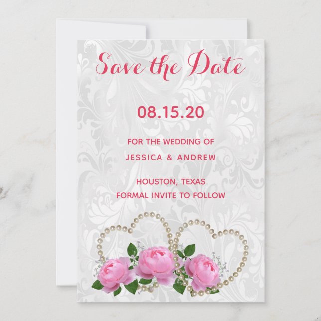Reserve A Data Corações de Pérola & Rosas Damask Casamento Salve  (Frente)