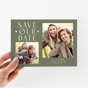Reserve A Data Corações Fofos 2-Foto Verde Musgo Casamento