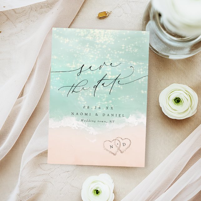 Reserve A Data Corações Modernos No Casamento Da Praia Da Areia (Modern Script Hearts In The Sand Beach Wedding Save The Date)