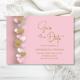 Reserve A Data Corações Rosa e Dourado para Casamento Save the Da