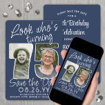 Reserve A Data Cores de cor ・ Veja quem é a 75 Festa de aniversár<br><div class="desc">Olha quem está fazendo 75 anos! Convide a família e os amigos para uma próxima comemoração de 75 anos com uma elegante foto personalizada para salvar os convites de festas de data. Imagens e textos neste modelo são simples de personalizar. As cores azul e branca do marinho para o plano...</div>