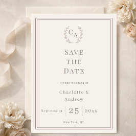 Reserve A Data Coroa de casamento com monograma em marrom claro e