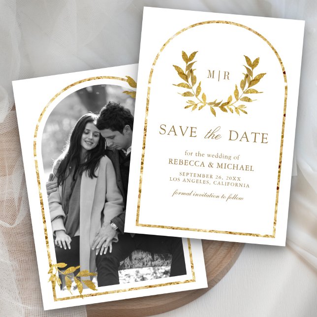 Reserve A Data Coroa de Folhas de Louro Dourado Casamento Branco (Criador carregado)