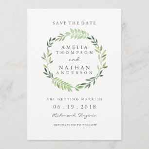 Reserve A Data Coroa de Folhas Verde Aquarela para Casamento Save