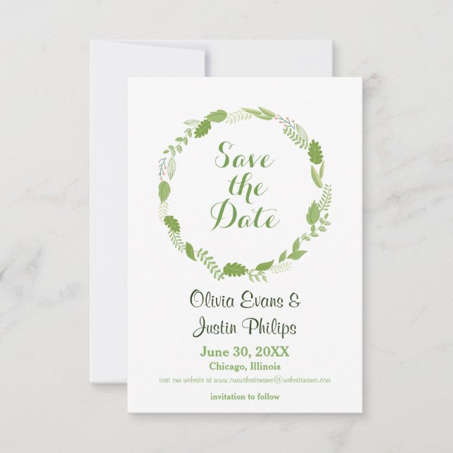 Reserve A Data Coroa de Folhas Verdes Chevron - 3x5 Save the Date (Frente)