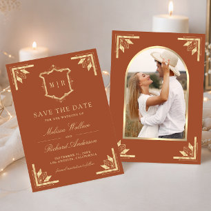 Reserve A Data Coroa de Ouro Monograma Foto Terracota Casamento