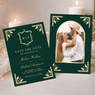 Reserve A Data Coroa Dourada Monograma Foto Noiva Casamento Verde