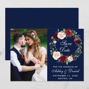 Reserve A Data Coroa Floral Aquarela Azul Borgonha Casamento B