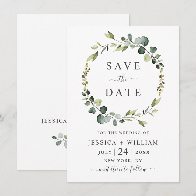 Reserve A Data Coroa Floral de Eucalipto Moderna para Casamento (Frente/Verso)