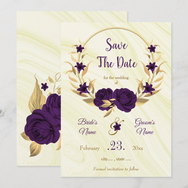 Reserve A Data coroa floral de ouro roxo elegante (Frente/Verso)