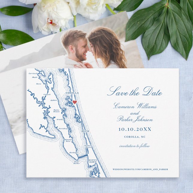 Reserve A Data Corolla NC Mapa Casamento Azul Marinho Elegante (Corolla NC Map Outer Banks Wedding Photo Save The Date in Elegant Navy Blue by Coastal Map Designs)
