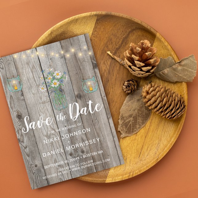 Reserve A Data Country Rusch String Lights Jars Wildflower Wood (Country Rustic String Lights Jars Wildflower Wood Save The Date)